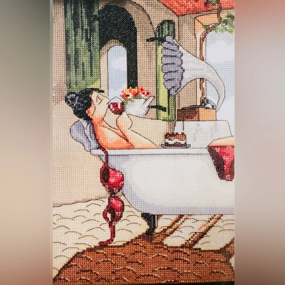 Design Works Cross Stitch Kit “MY DAY OFF” Woman Relaxing in Bathtub 12”X12”